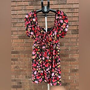 BCBGeneration Floral Wildflower Puff Sleeve Babydoll Dress Womens Size 8 Red EUC